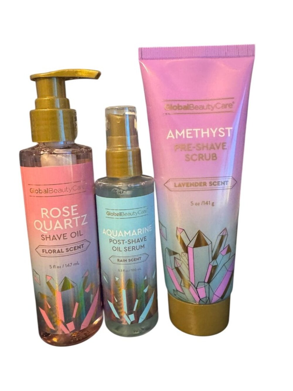 Beauty Care Amethyst Pre-Shave Scrub, Rose Quartz Oil, Aquamarine Serum